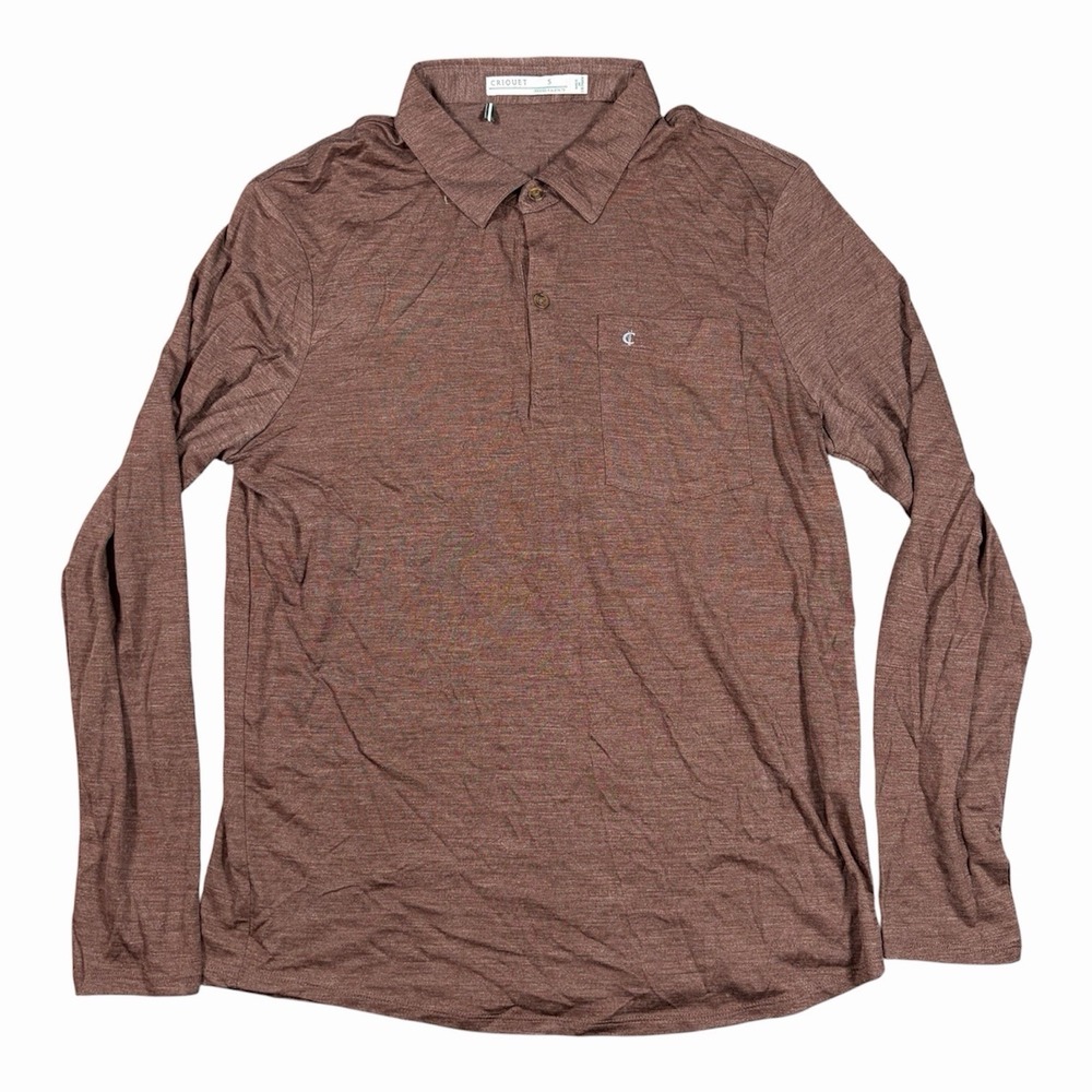 Criquet Merino Wool Tencel Long Sleeve Golf Polo Shirt Brown Sz S Stretch Brown